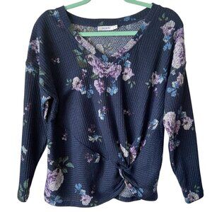 Ricki's NWOT Women's Navy Blue Floral Knot Front Waffle Knit Top Size Medium